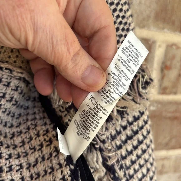 Chico's Lucy Navy and Cream Patterned Fringe Open Cardigan - Picture 8 of 11